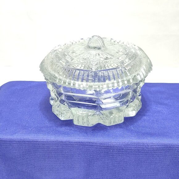 L.E. Smith Trinket Powder Box Pressed Glass Octagonal Design Clear Glass Vintage - Picture 11 of 13
